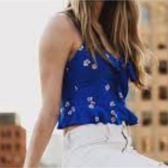 American Eagle Blue Floral Ruffle Cropped Tank Size Large - Picture 1 of 9